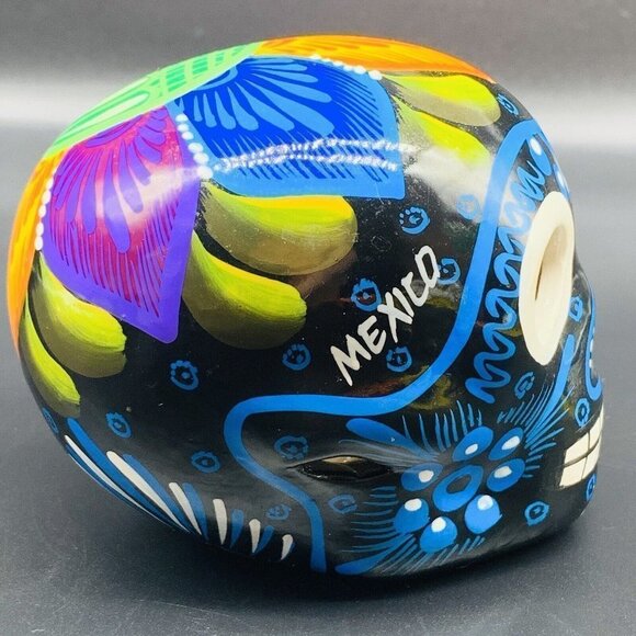 Mexican Folk Art Pottery Hand Painted Colorful Sugar Skull 2.5”T 4”W - Picture 2 of 6